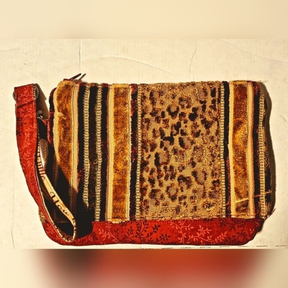 Tiger Print Velvet Striped Wristlet Wine Lining
